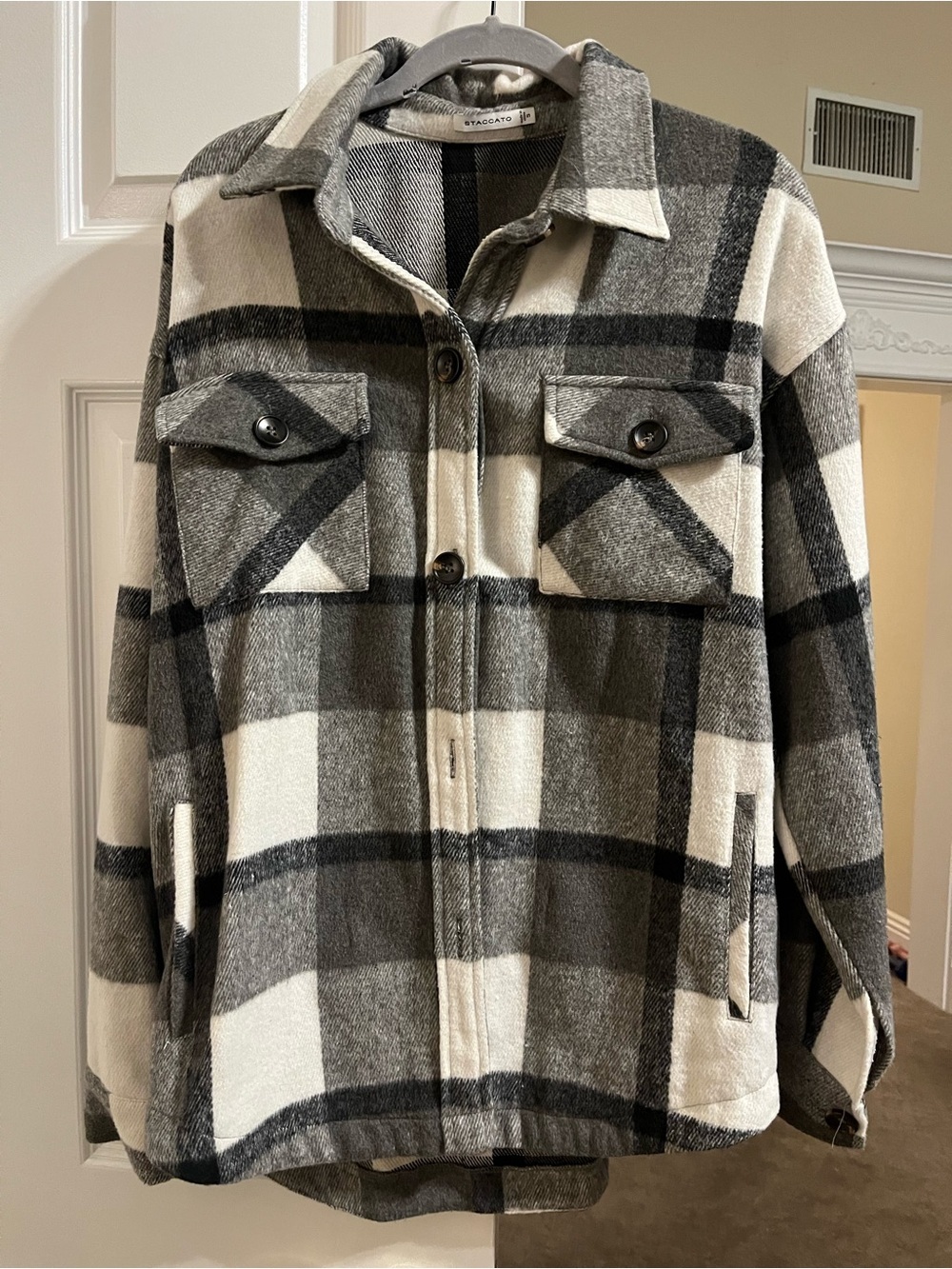 Staccato Black, White, Grey Plaid Utility Jacket Shacket with pockets